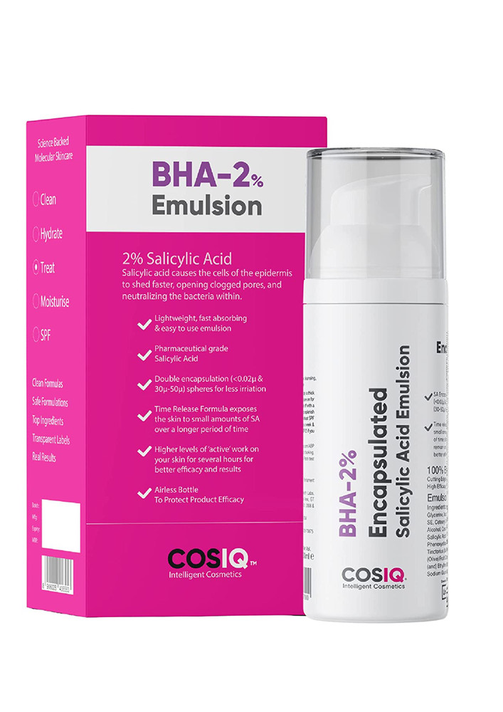 Cos-IQ- BHA-2% Encapsulated Salicylic Acid Emulsion 30ml for Sensitive Skin | Face Exfoliator for Blackheads, Whiteheads, Acne & Open Pores | Reduces Breakouts