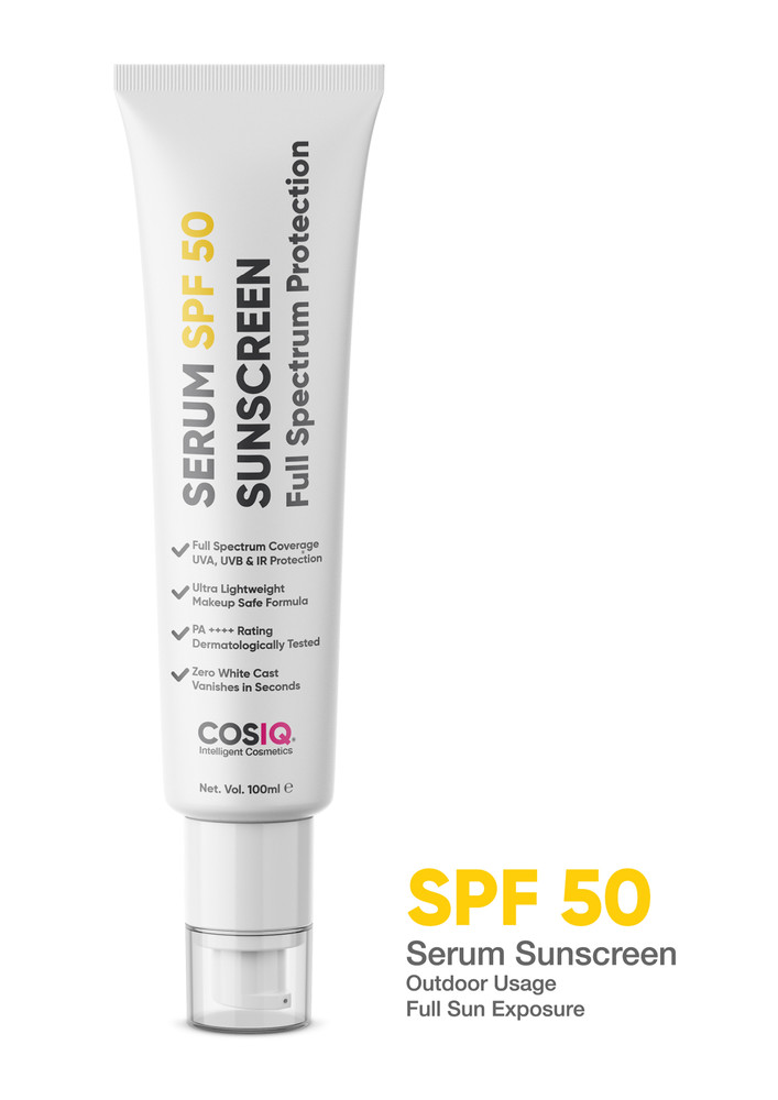 Cos-IQ- Outdoor Sunscreen Serum SPF 50 PA++++ Broad Spectrum, 100ml, UVA, UVB and IR Protection, Zero White Cast, Ultra Light Weight, Skin Safe, Dewy Finish