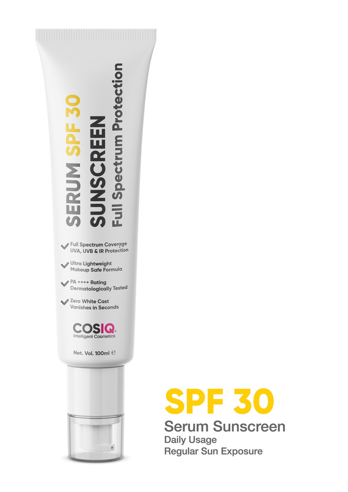 Cos-IQ- Daily Use Sunscreen Serum SPF 30 PA++++ Broad Spectrum, 100ml, UVA, UVB and IR Protection, Zero White Cast, Ultra Light Weight, Skin Safe, Dewy Finish