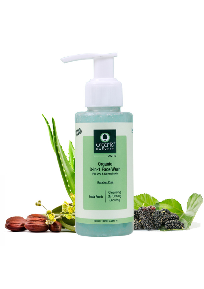 Organic Harvest 3-in-1 Face Wash For Dry And Normal Skin, 100 Ml, Ideal For Cleansing, Scrubbing, And Glowing Skin, 100% Organic, Sulphate And Paraben Free