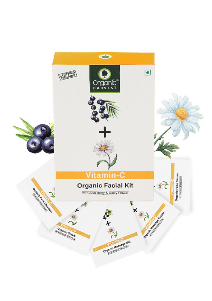 Organic Harvest Vitamin C Facial Kit for Skin Whitening & Brightening, Eliminates Fine Lines & Wrinkles, Infused with Acai Berry & Daisy Flower, Ideal for All Skin Type, Sulphate Free 
