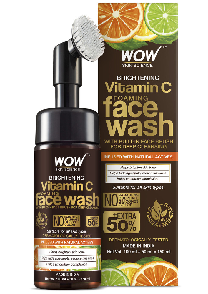 Wow Skin Science Brightening Vitamin C Foaming Face Wash With Built-in Face Brush - 150ml