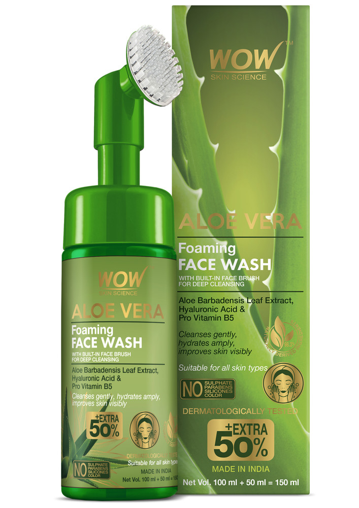 WOW Skin Science Aloe Vera Foaming Face Wash with Built-In Face Brush for deep cleansing - No Parabens, Sulphate, Silicones & Color - 150mL