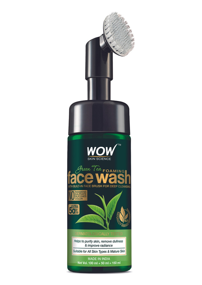 WOW Skin Science Green Tea Foaming Face Wash with Built-In Face Brush - With Green Tea & Aloe Vera Extract - For Purifying Skin, Improving Radiance - No Parabens, Sulphate, Silicones & Color - 100 ml
