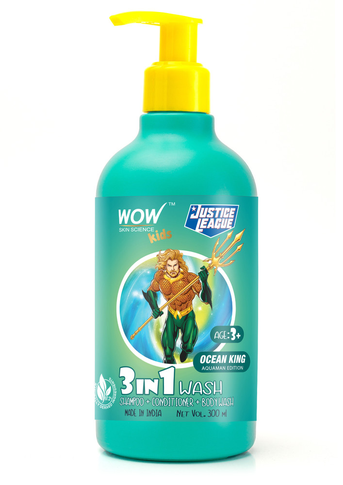 Wow Skin Science Kids 3 In 1 Wash - Shampoo + Conditioner + Body Wash - Ocean King Aquaman Edition - No Parabens, Color, Mineral Oil, Silicones & Sulphate - 300ml