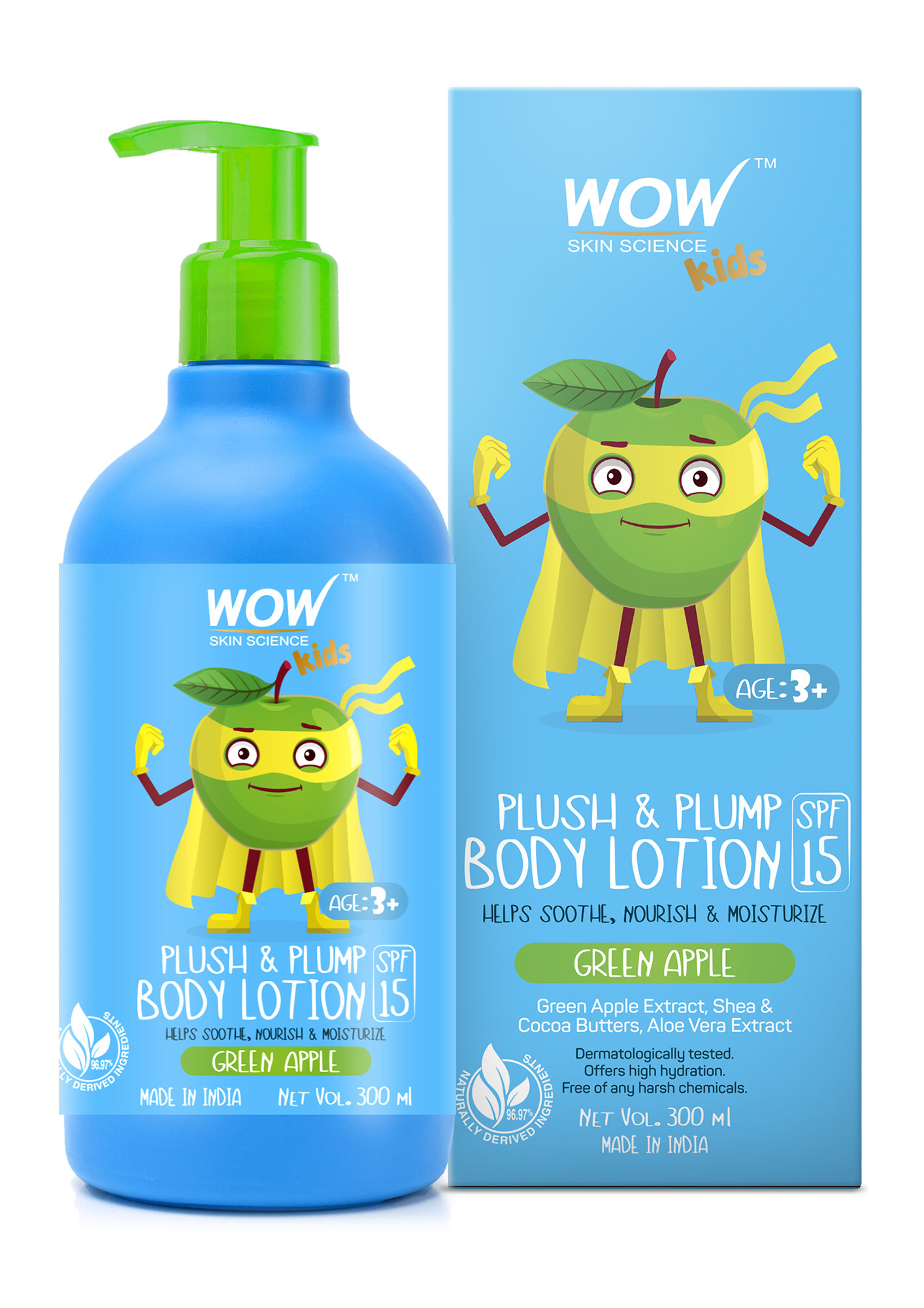 WOW Skin Science Kids Plush & Plump Body Lotion - Green Apple - SPF 15 - No Parabens, Mineral Oil, Silicones & Color - 300mL