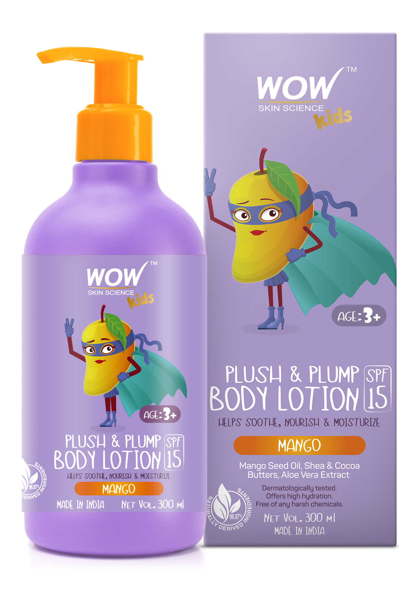 WOW Skin Science Kids Plush & Plump Body Lotion - Mango - SPF 15 - No Parabens, Mineral Oil, Silicones & Color - 300mL