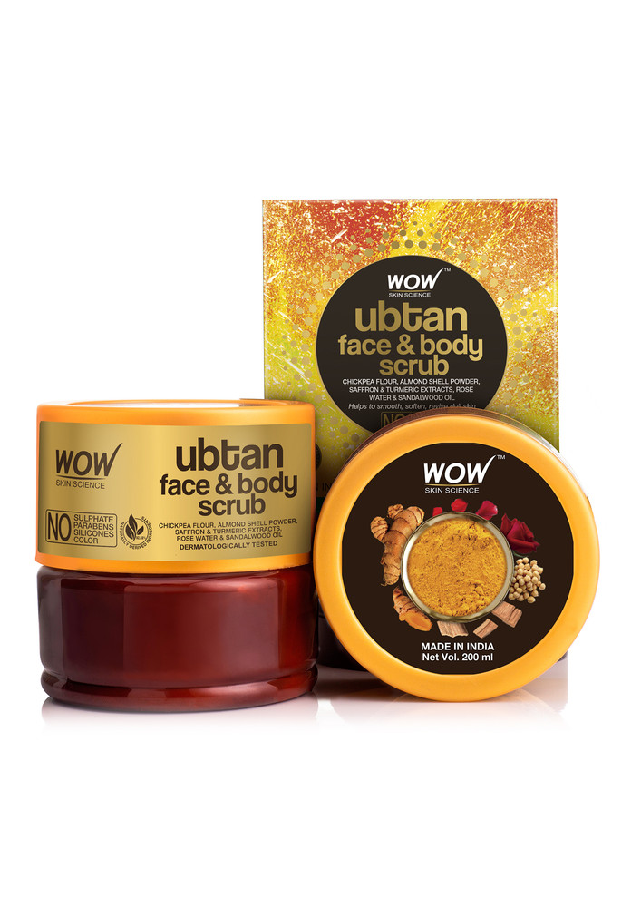 WOW Skin Science Ubtan Face & Body Scrub with Chickpea Flour, Almond Shell Powder, Safron & Turmeric Extracts, Rose Water & Sandalwood Oil - No Sulphate, Parabens, Silicones & Color - 200 mL