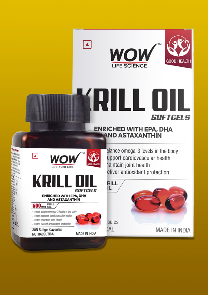 WOW Life Science Krill Oil Softgels - Enriched with EPA, DHA & Astaxanthin - 500mg Krill Oil - 30 Softgel Capsules