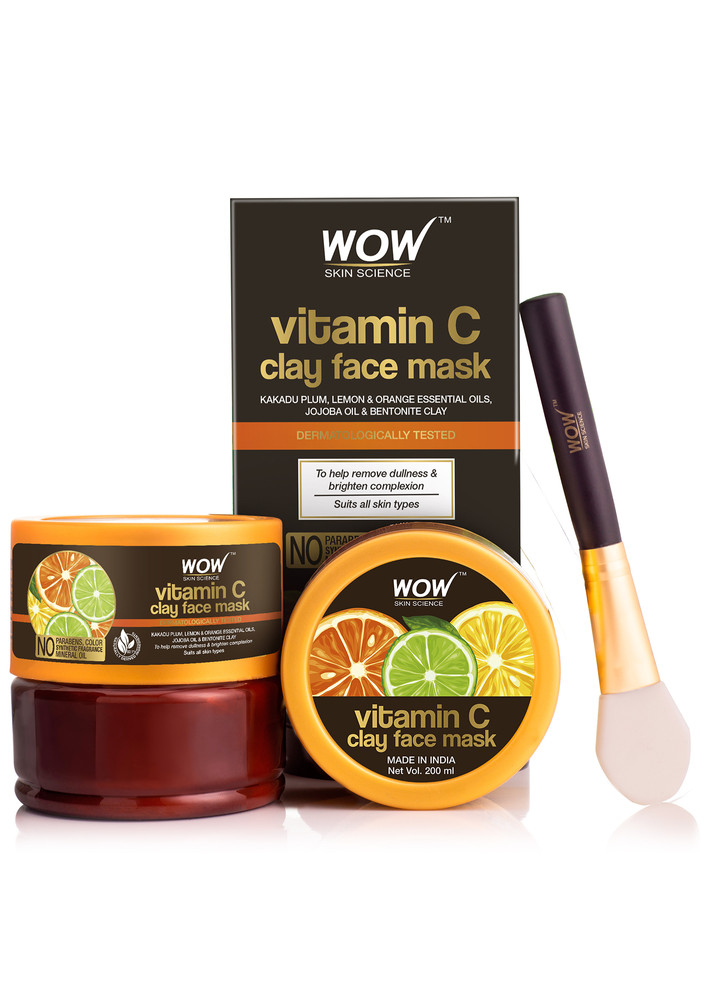 Wow Skin Science Vitamin C Glow Clay Face Mask With Lemon & Orange Essential Oils, Jojoba Oil & Bentonite Clay - For All Skin Types - No Parabens, Synthetic Fragrance, Mineral Oil & Color - 200ml