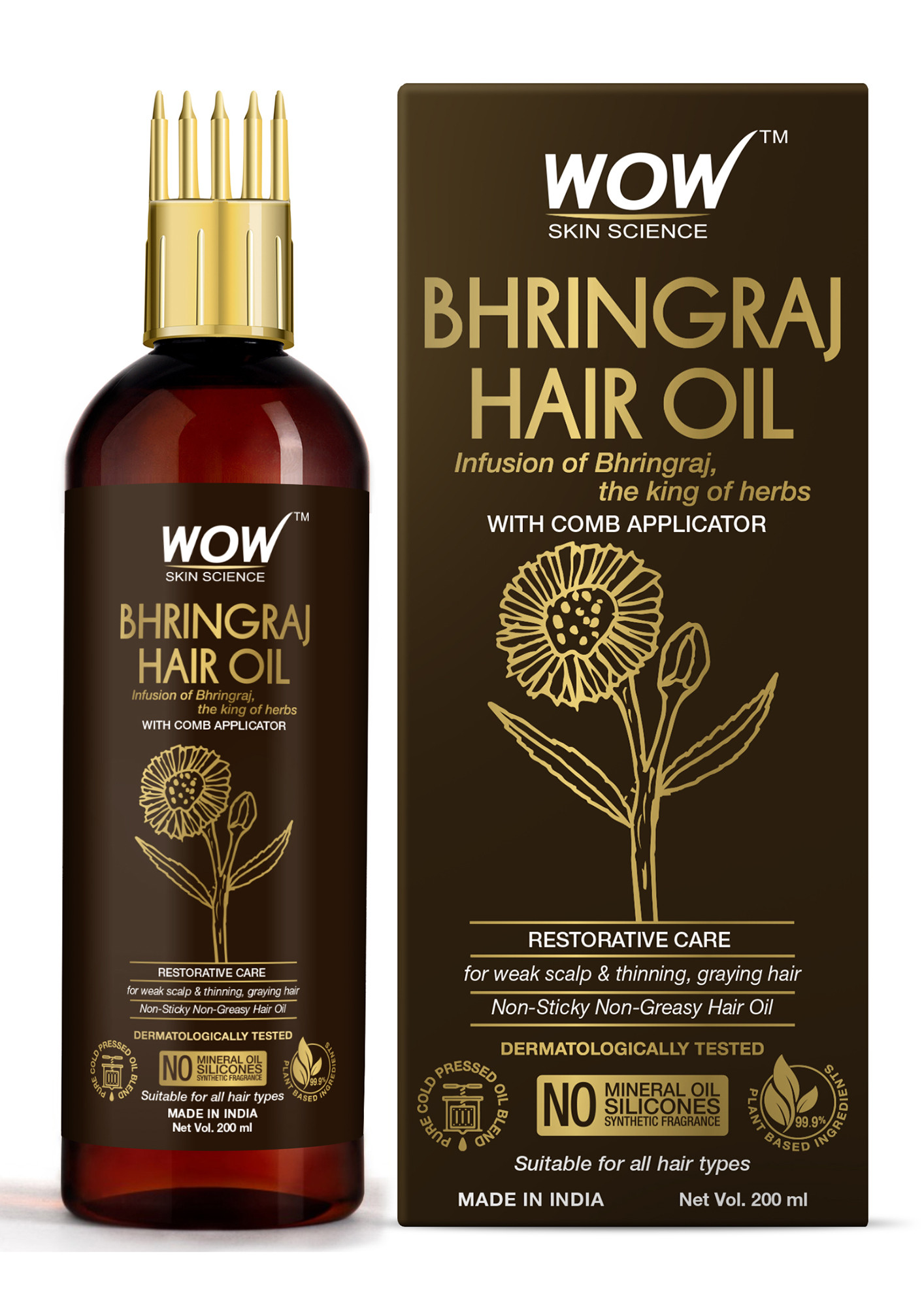 WOW Skin Science Bhringraj Hair Oil - Non Sticky & Greasy - with Comb Applicator - for All Hair Types - Non-Sticky & Non-Greasy Hair Oil - No Mineral Oil, Silicones, Synthetic Fragrance - 200mL