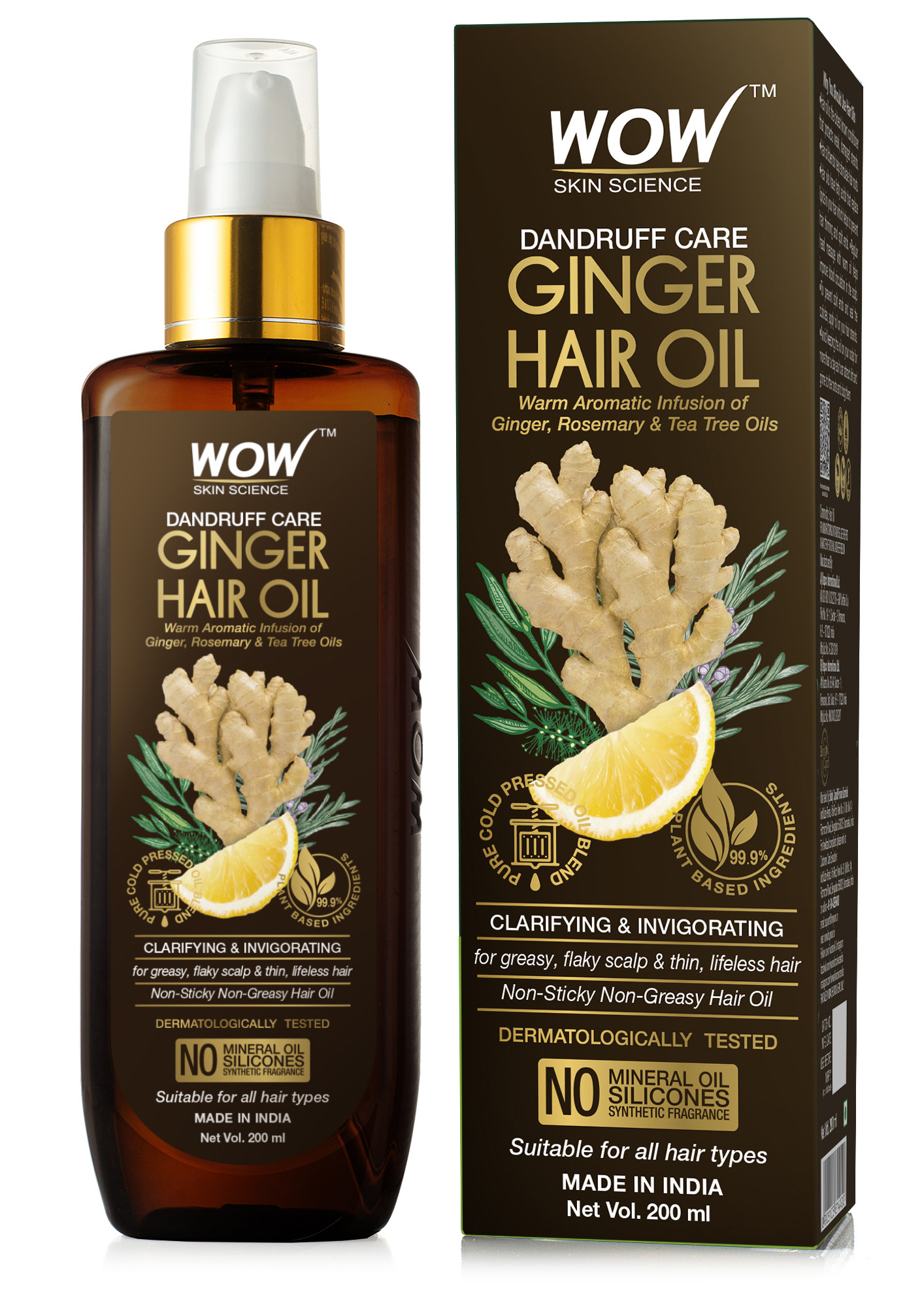 WOW Skin Science Dandruff Care Ginger Hair Oil - for Dandruff Care - for All Hair Types - Non-Sticky & Non-Greasy Hair Oil - No Mineral Oil, Silicones, Synthetic Fragrance - 200mL