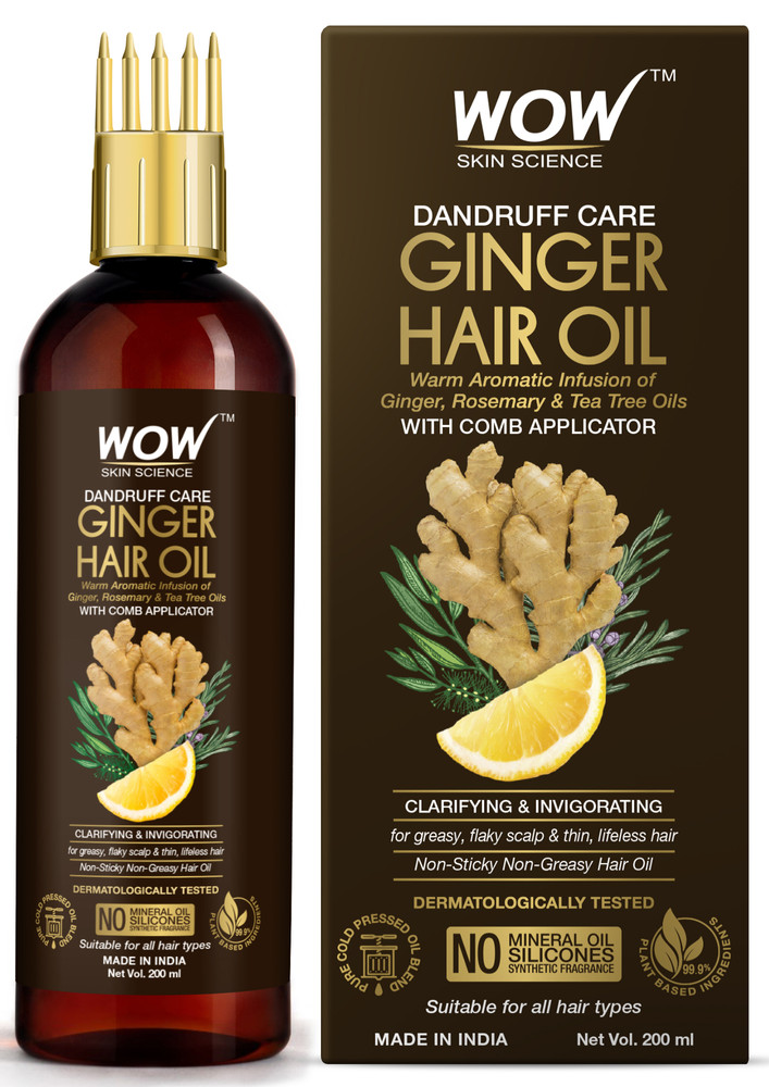 WOW Skin Science Ginger Hair Oil - for Dandruff Care - with Comb Applicator - for All Hair Types - Non-Sticky & Non-Greasy Hair Oil - No Mineral Oil, Silicones, Synthetic Fragrance - 200mL