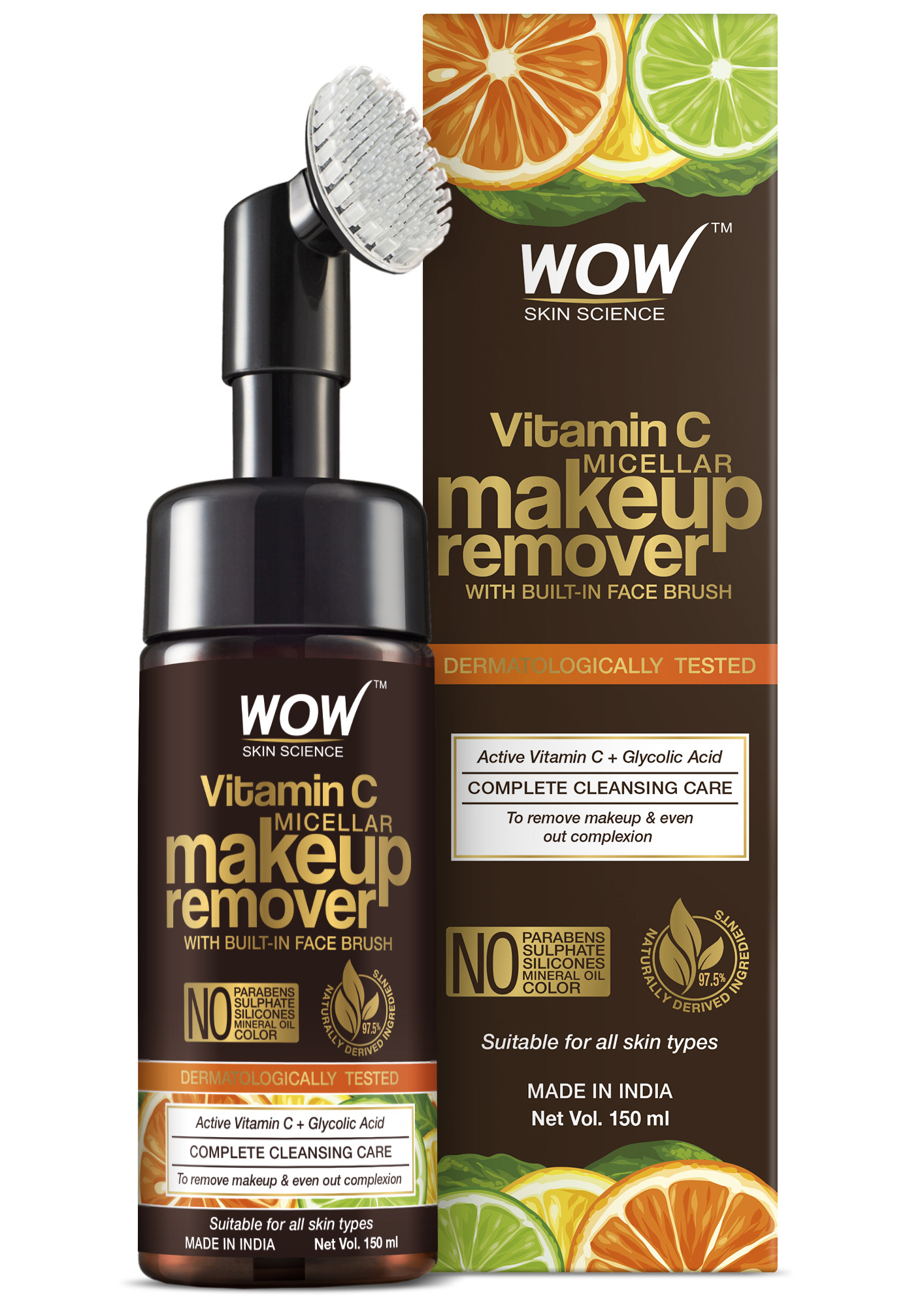 WOW Skin Science Vitamin C Makeup Remover With Built-In Face Brush (MICELLAR) - No Parabens, Sulphate, Silicones, Mineral Oil, Color - 150mL
