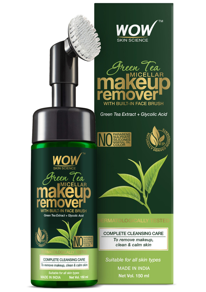 Wow Skin Science Green Tea Makeup Remover With Built-in Face Brush (micellar) - No Parabens, Sulphate, Silicones, Mineral Oil, Color - 150ml