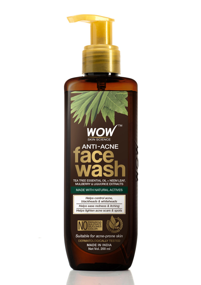 WOW Skin Science Anti Acne Face Wash - with Tea Tree Essential Oil, Neem Leaf Extracts - For Controlling Acne, Blackheads & Spots - No Parabens, Sulphate, Silicones & Color - 200mL