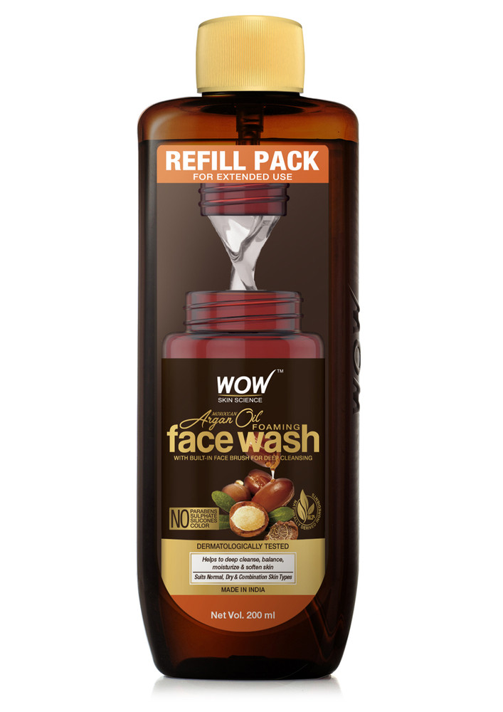 Wow Skin Science Moroccan Argan Oil Foaming Face Wash Refill Pack - With Moroccan Argan Oil - For Extended Use - No Parabens, Sulphate, Silicones & Color - 200 Ml
