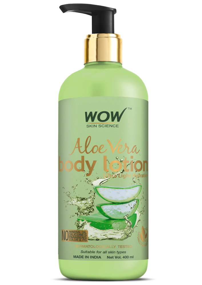 WOW Skin Science Aloe Vera Body Lotion - Ultra Light Hydration - No Mineral Oil, Parabens, Silicones, Color & PG - 400mL