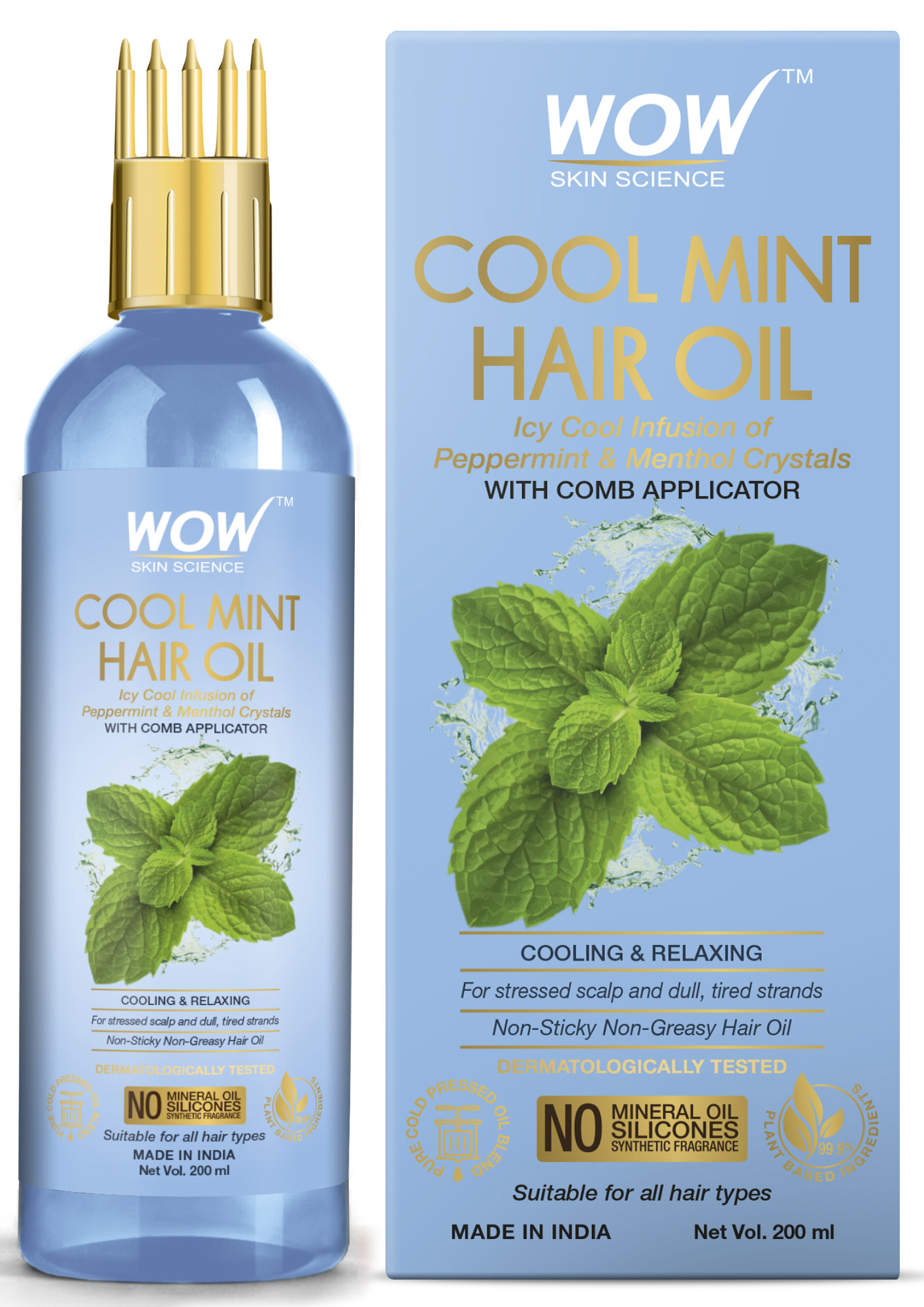WOW Skin Science Cool Mint Hair Oil - with Comb Applicator - Non Sticky & Non Greasy - for All Hair Types - No Mineral Oil, Silicones, Synthetic Fragrance - 200mL