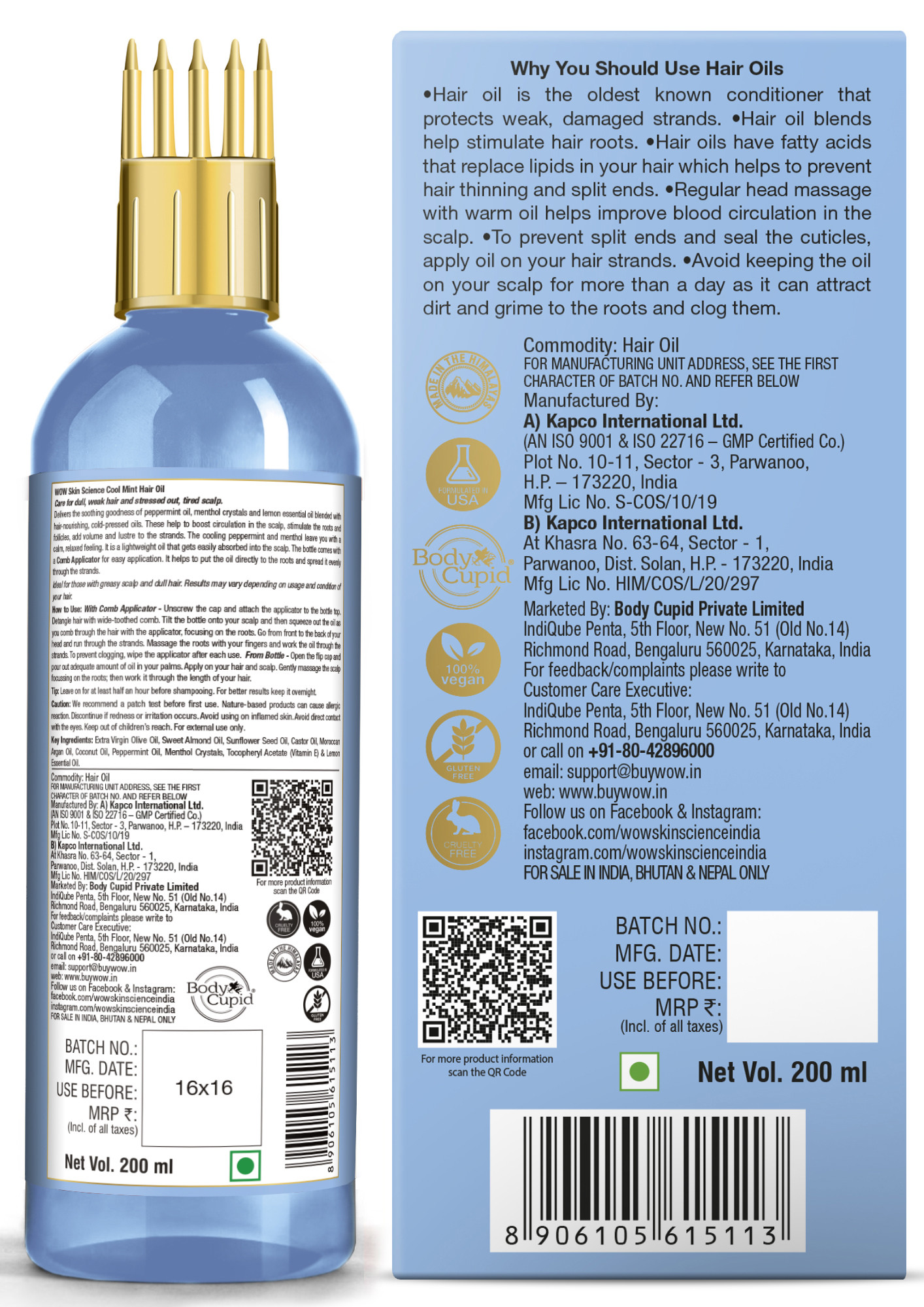 Buy WOW Skin Science Cool Mint Hair Oil - with Comb Applicator - Non Sticky  & Non Greasy - for All Hair Types - No Mineral Oil, Silicones, Synthetic  Fragrance - 200mL