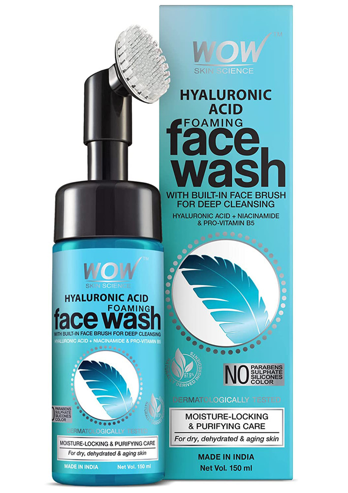 WOW Skin Science Hyaluronic Acid Foaming Face Wash - with Built-In Brush - For Moisture-Locking & Purifying Care - 150ml