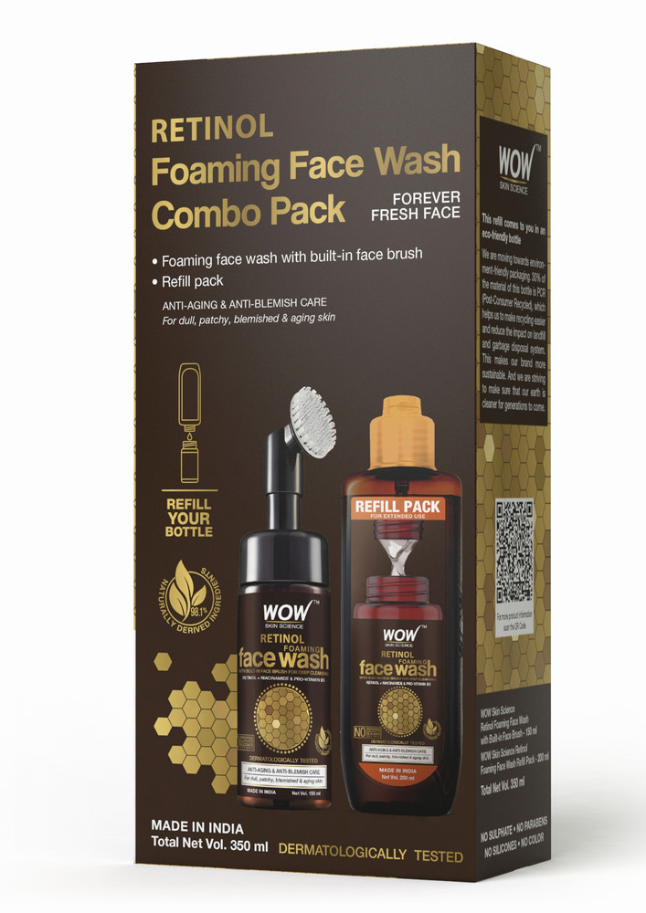 WOW Skin Science Retinol Foaming Face Wash For Fine Lines, Age Spots & Blemishes - Combo Pack - Built-In Face Wash Brush + Refill Pack - 350ml