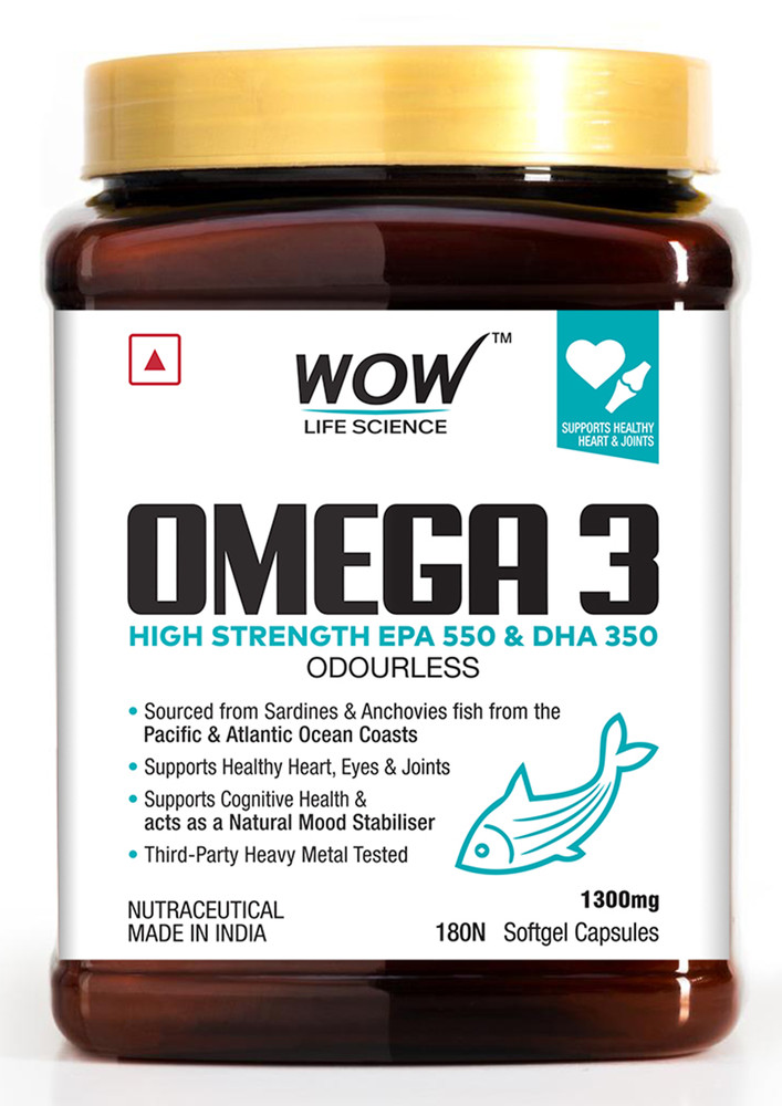 Wow Life Science Omega-3 Capsules With Fish Oil - Fatty Acid Enriched 180 Capsules