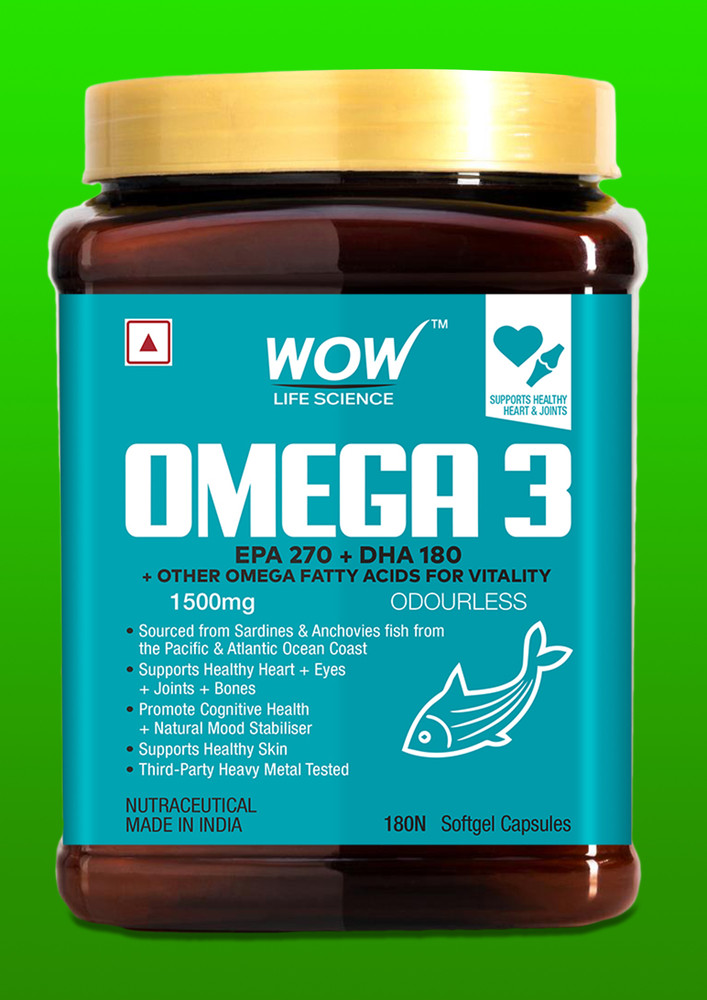 WOW Life Science Omega-3 1500mg Capsules with Fish oil - EPA 270 + DHA 180 Enriched - 180 Capsule