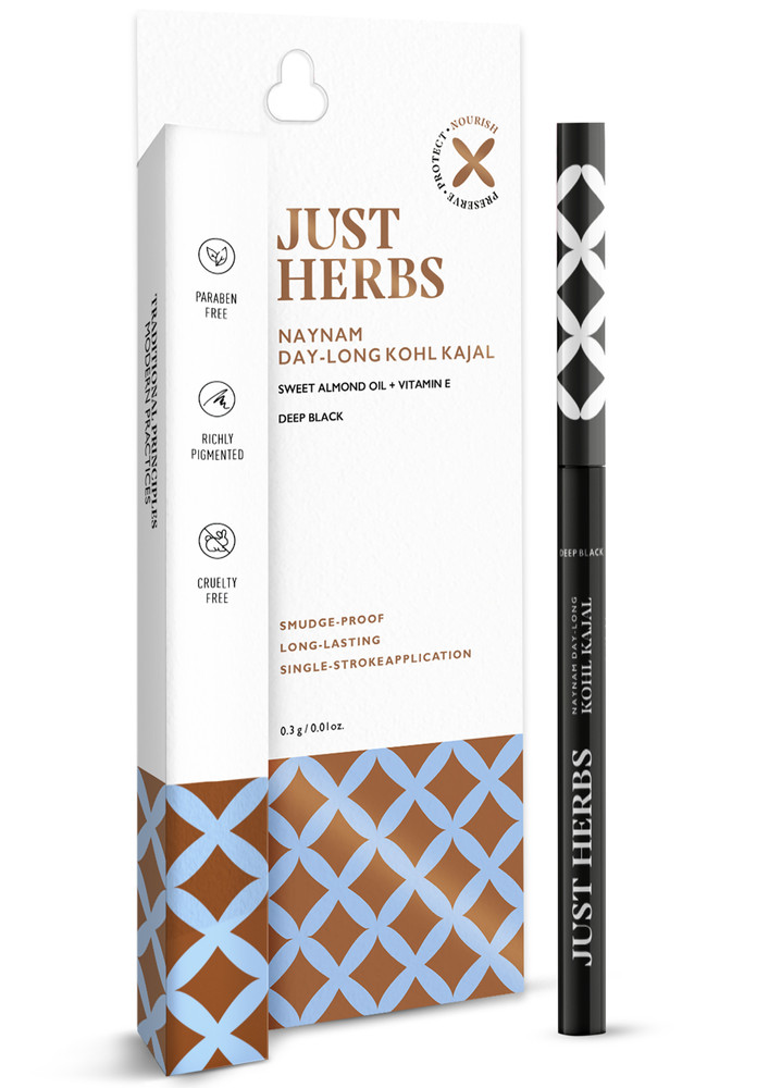 Just Herbs Retractable 2 In 1 Herbal Eyeliner + Kajal With Almond Oil & Vitamin E, 11 Hour Stay, Singlestroke, Smudgeproof & Fadeproof - Black 0.3g