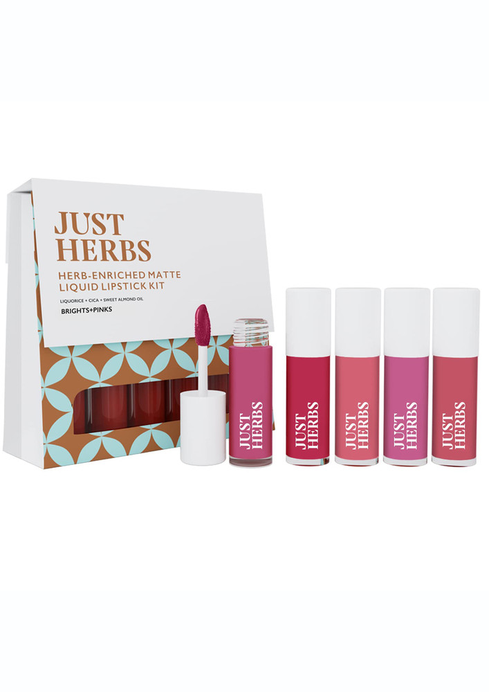 Just Herbs Ayurvedic Liquid Lipstick Kit Set of 5 with Long Lasting, Hydrating & Lightweight Lip Colour, Brights & Pinks - Paraben & Silicon Free