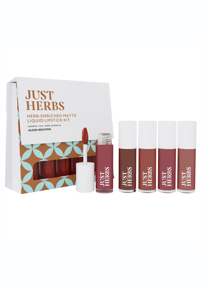 Just Herbs Ayurvedic Liquid Lipstick Kit Set Of 5 With Long Lasting, Hydrating & Lightweight Lip Colour, Nudes & Browns - Paraben & Silicon Free