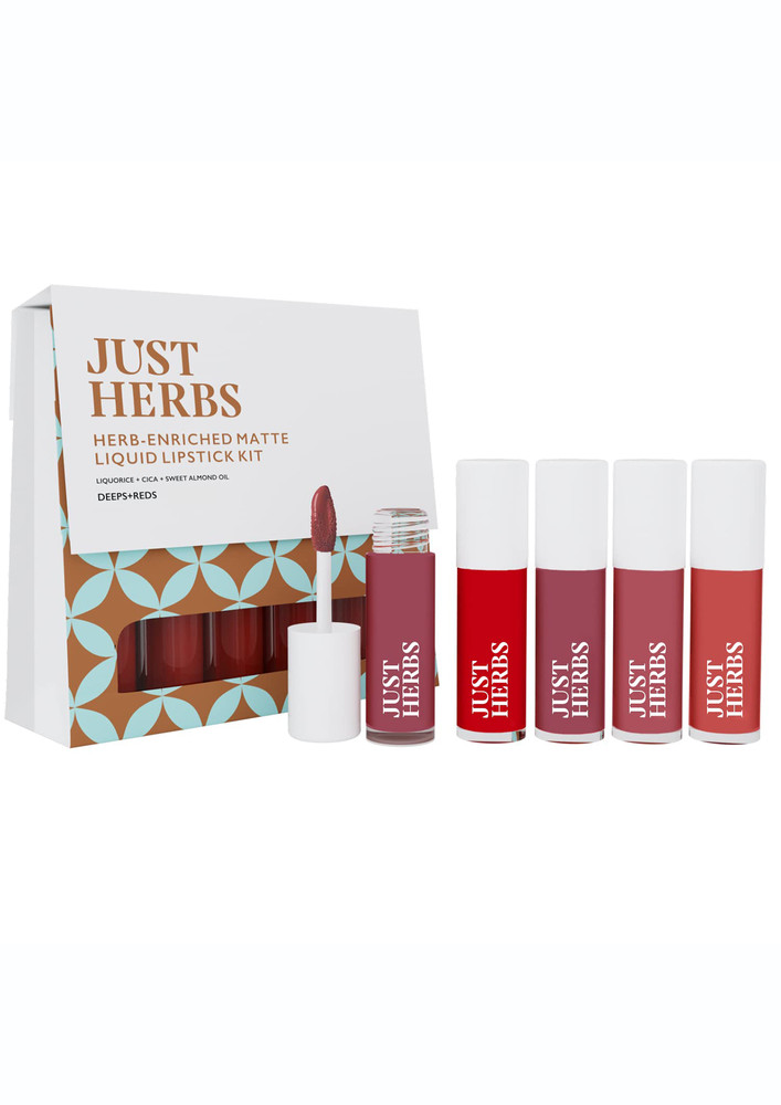 Just Herbs Ayurvedic Liquid Lipstick Kit Set Of 5 With Long Lasting, Hydrating & Lightweight Lip Colour, Deeps & Reds - Paraben & Silicon Free