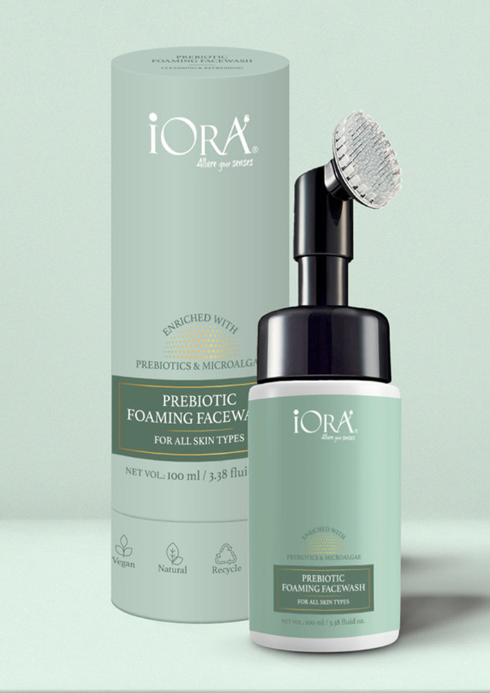 IORA Prebiotic Foaming Facewash with Silicone Cleanser Brush, powered by Seabuckthorn, Green Tea & Neem; Deep cleanses, Hydrates & Refreshes, helps against Acne, Oily & Dry Skin, For All Skin Types - 100ml