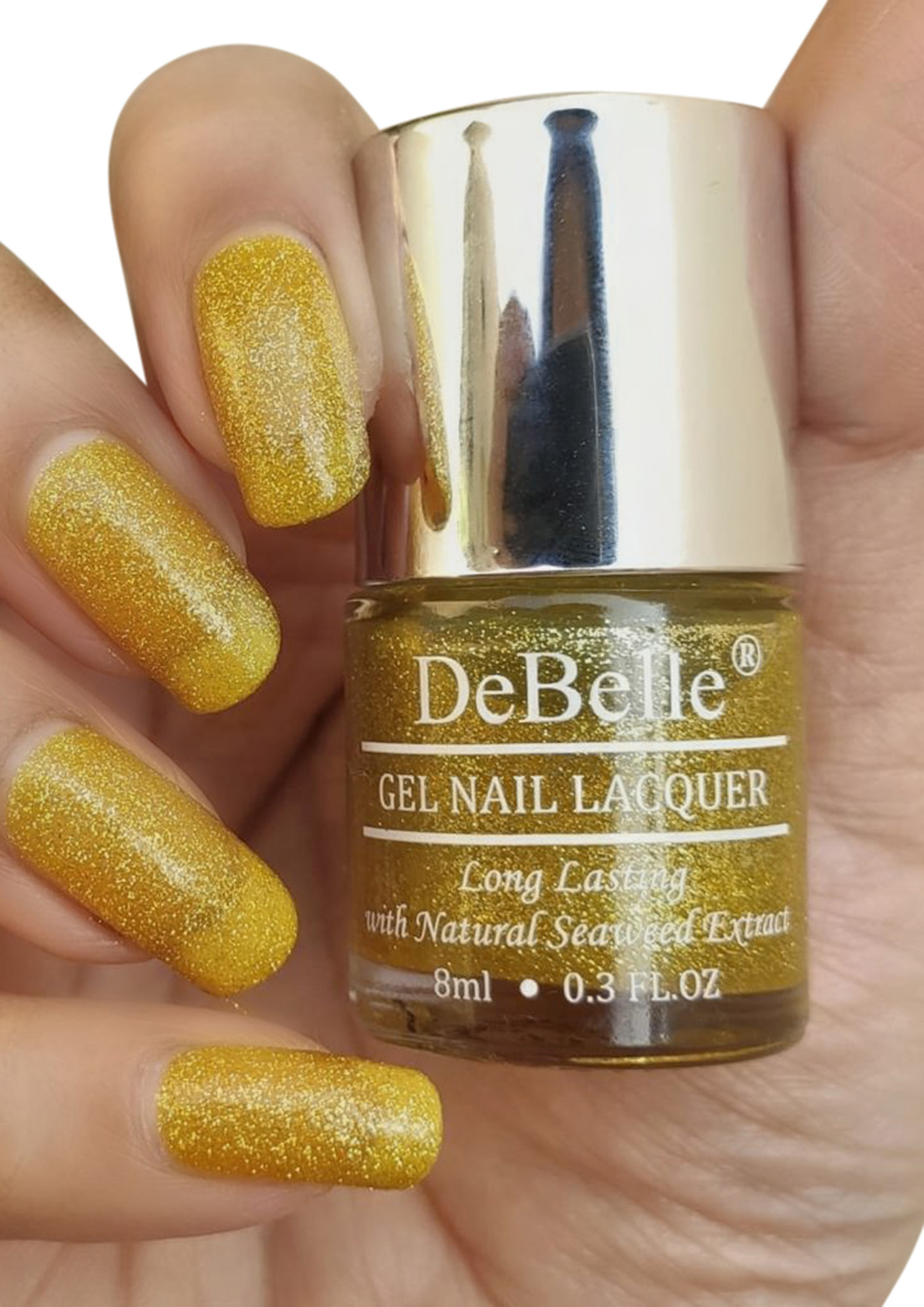 DeBelle Gel Nail Lacquer Pegasus Lime Yellow with Gold Glitter Nail Polish