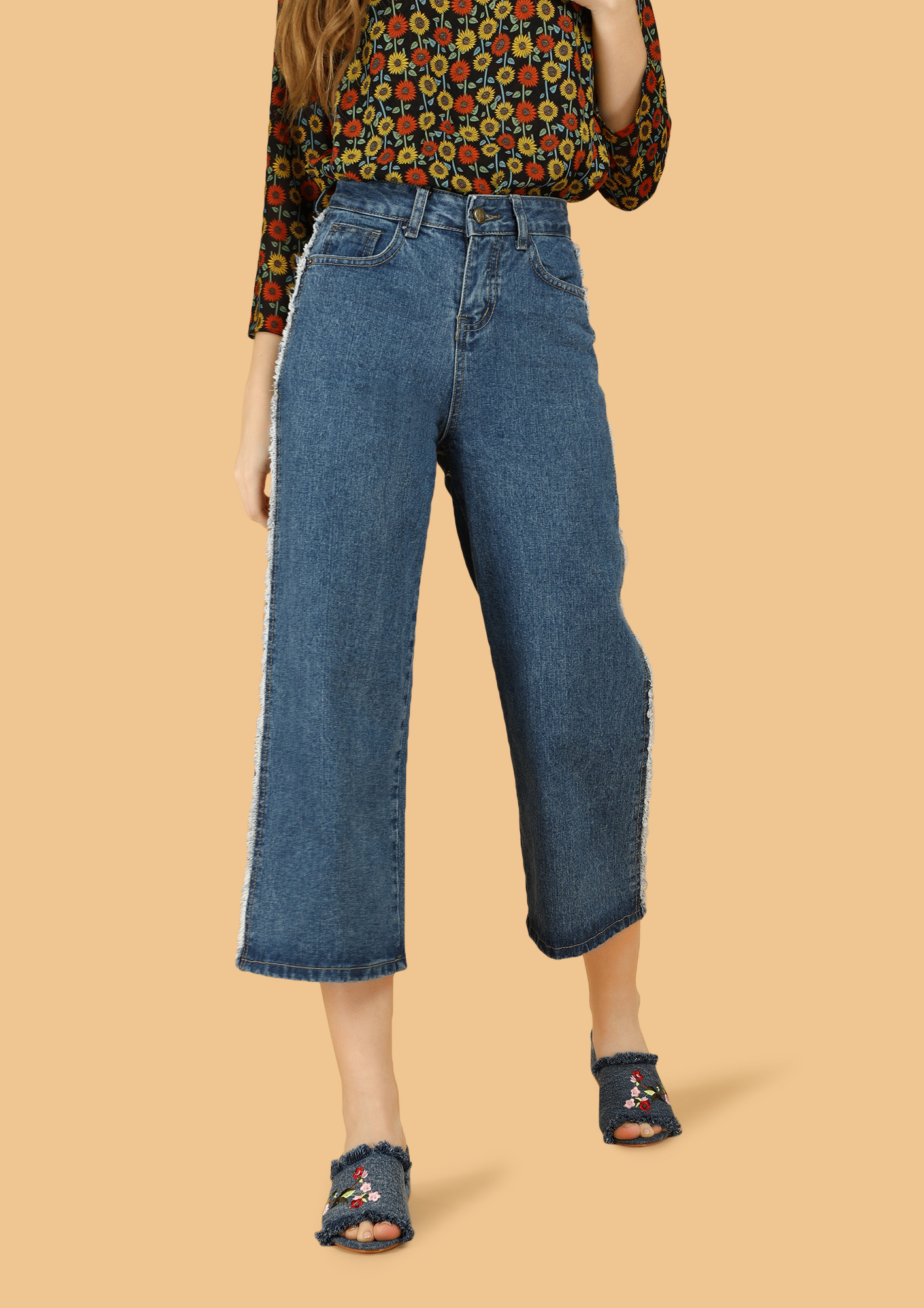 Denim flare culotte jeans with medium wash with Fracomina Tears Art  FP21SP5058D400P3