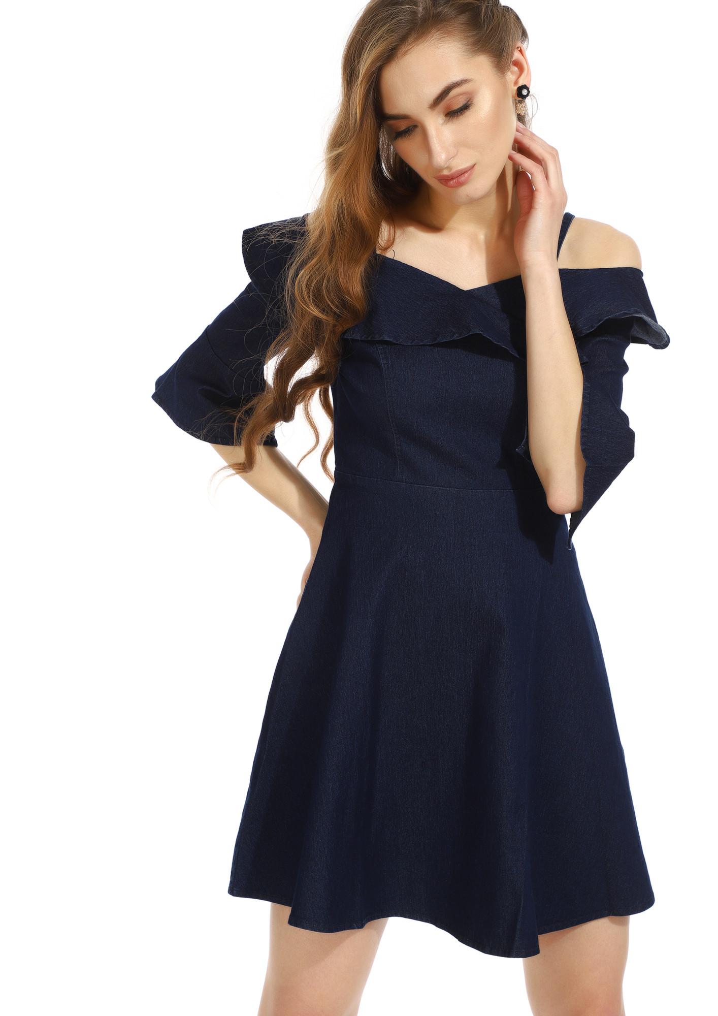 Blue Polyester Denim Off Shoulder Dress For Women - ISUFashion