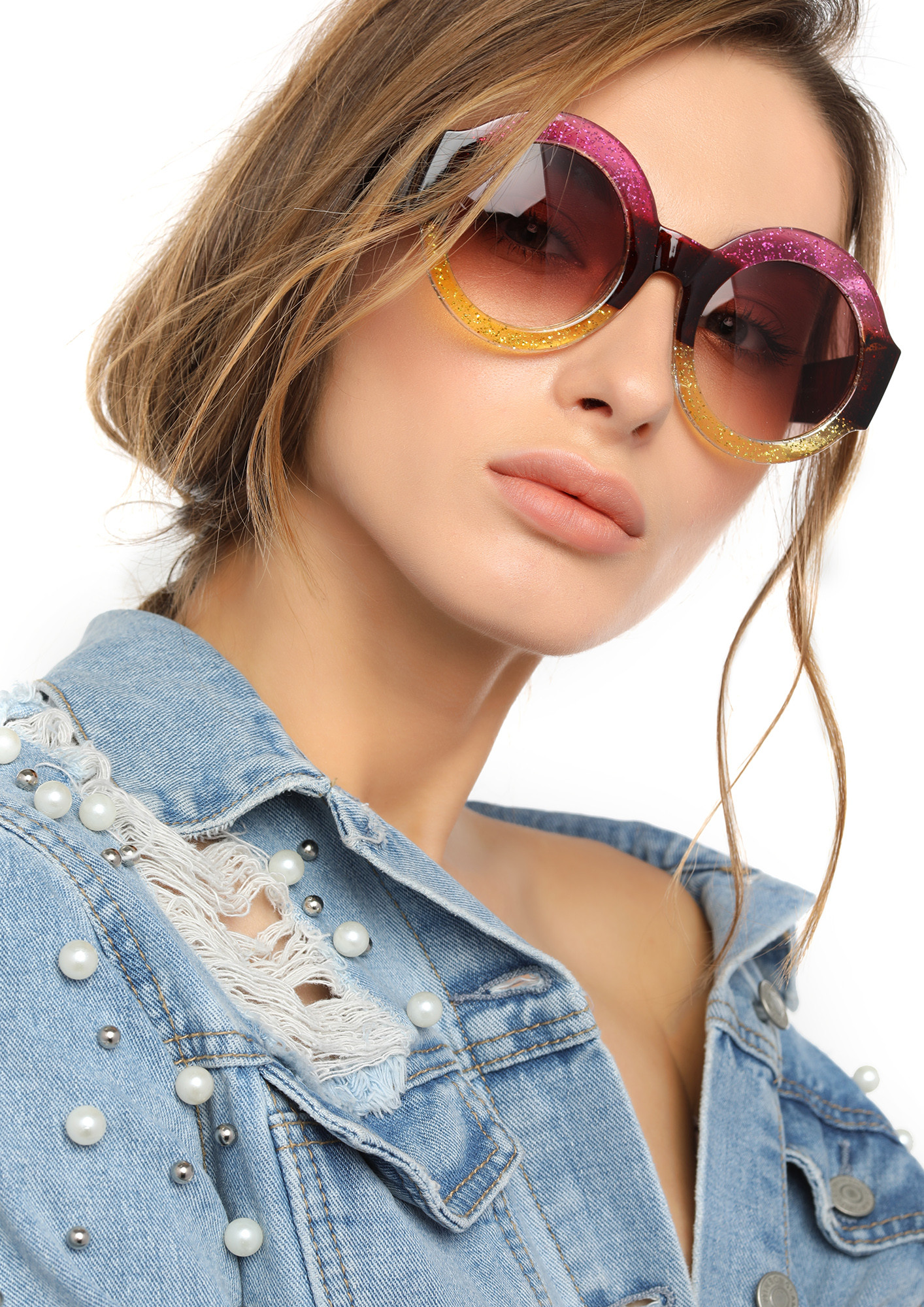 IT GIRL'S SHIMMER COLORBLOCK ROUND SUNGLASSES