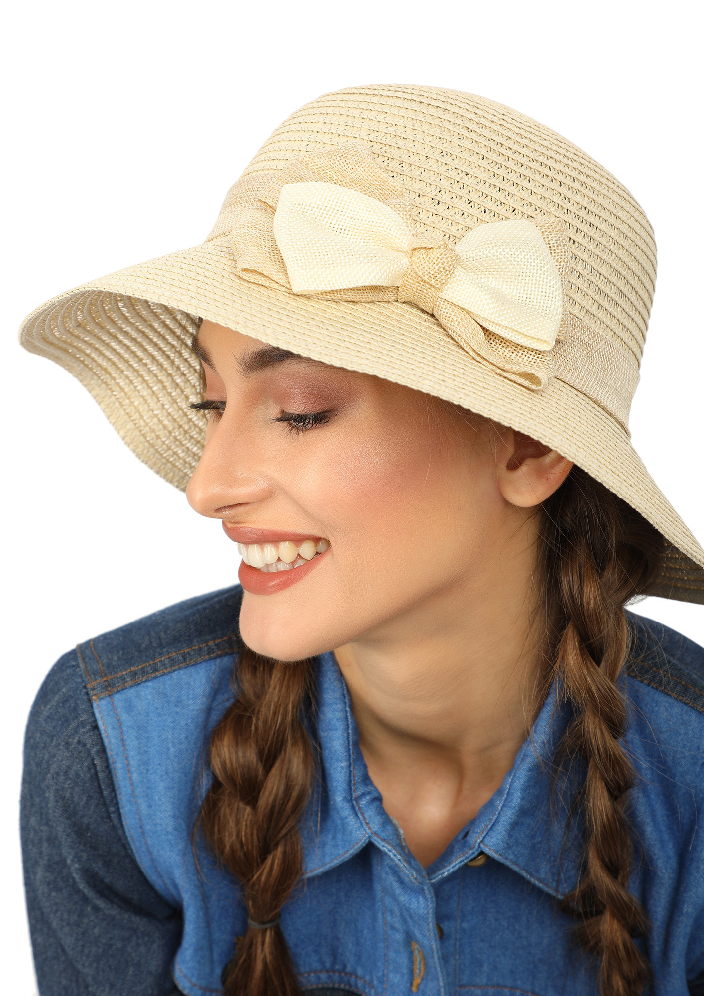 THE CLASSY BOW ON  BEIGE HAT