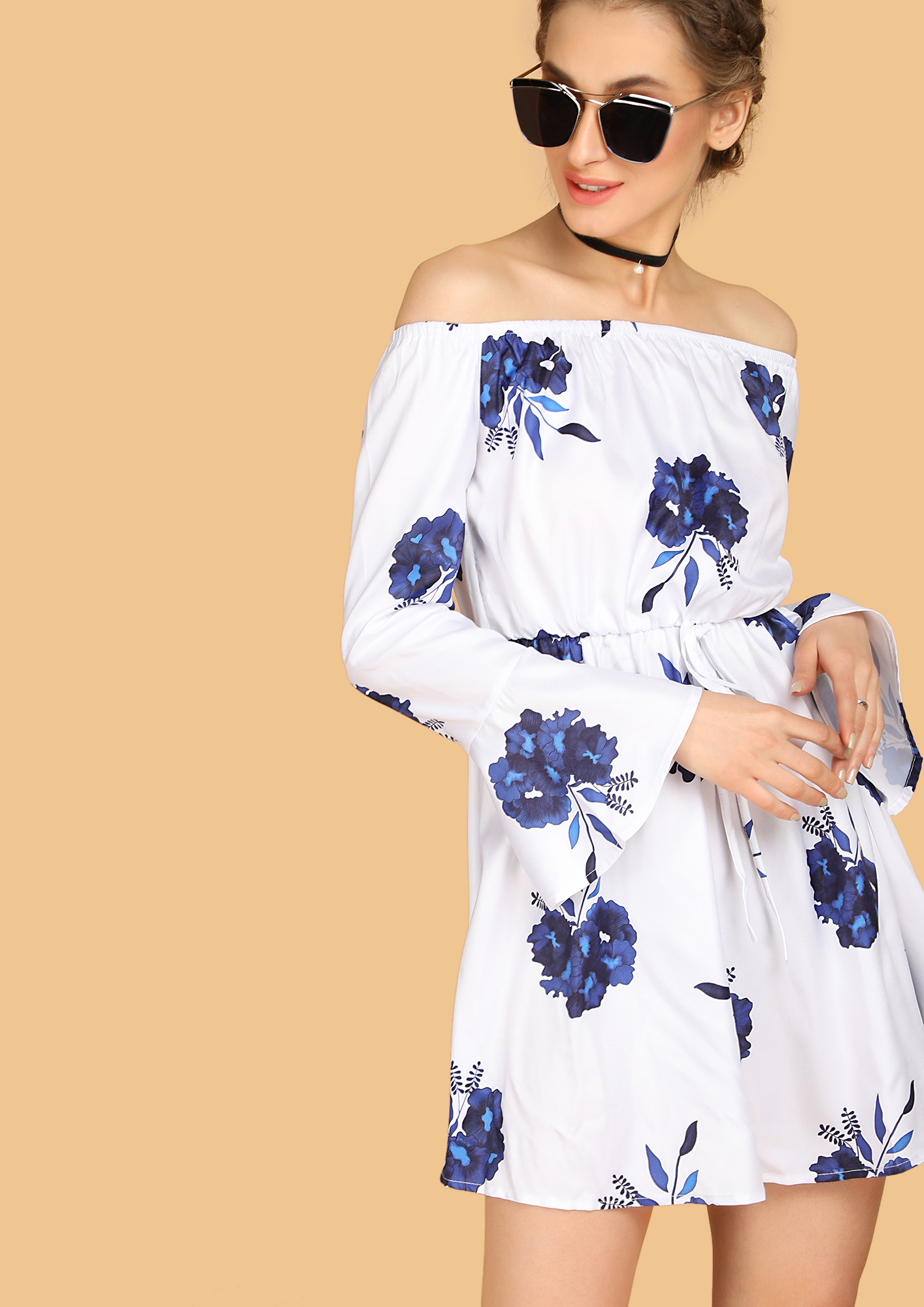 FLOWER ME WITH COMPLIMENTS BLUE BARDOT DRESS