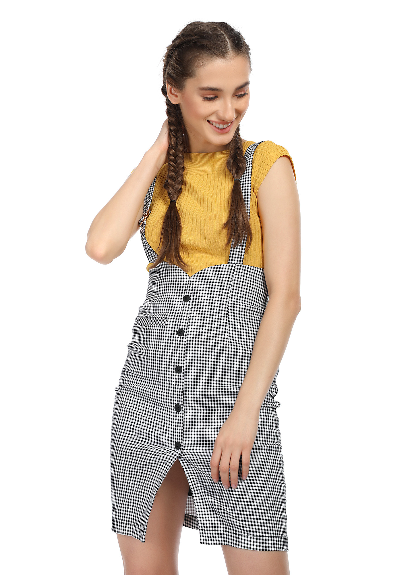 BUTTON ME UP PIN CHECKED WHITE PINAFORE SKIRT
