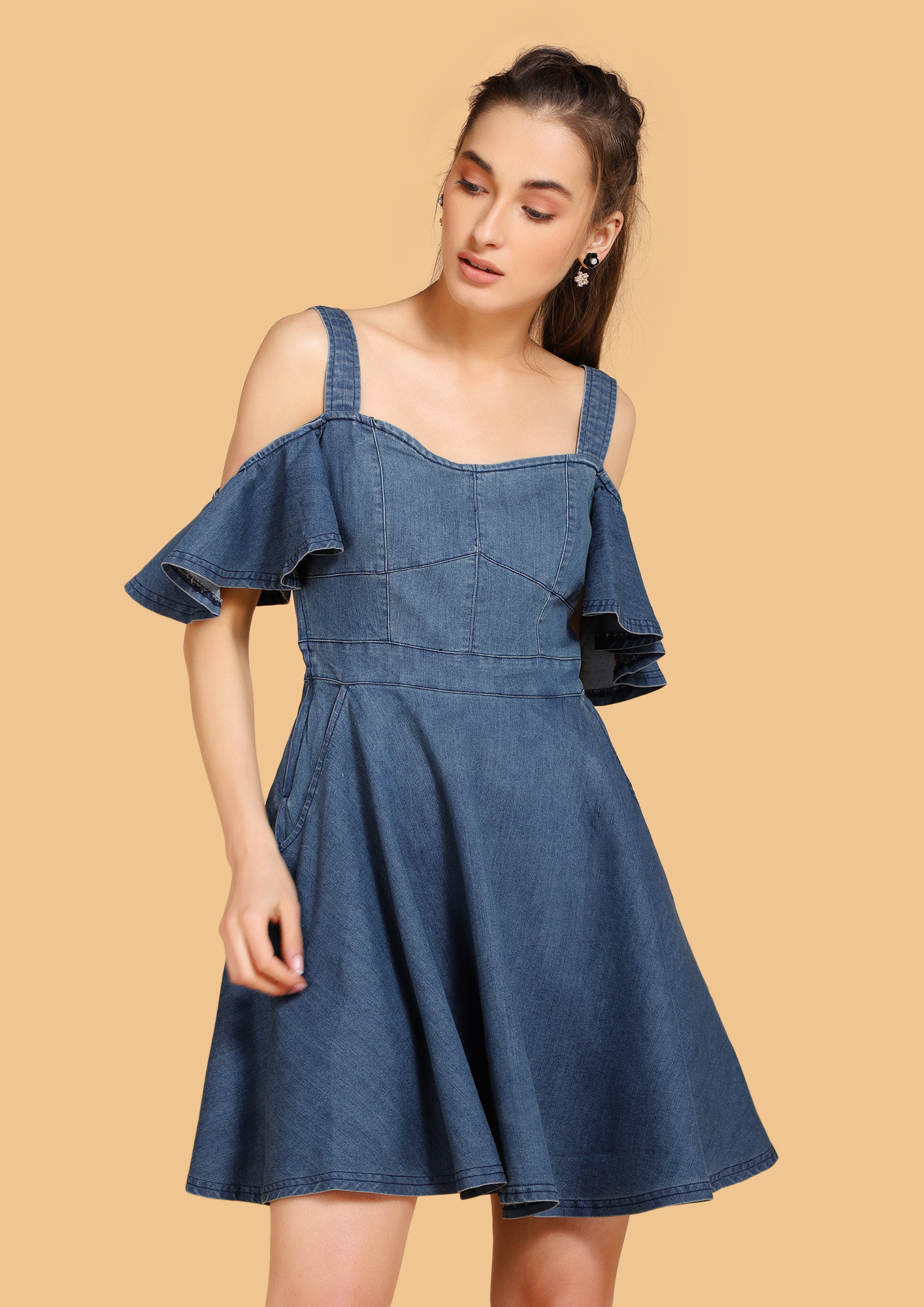 Buy StyleStone (3192DarkWndwS-Women's Dark Blue Denim Dress with Neck  Cutout at Amazon.in