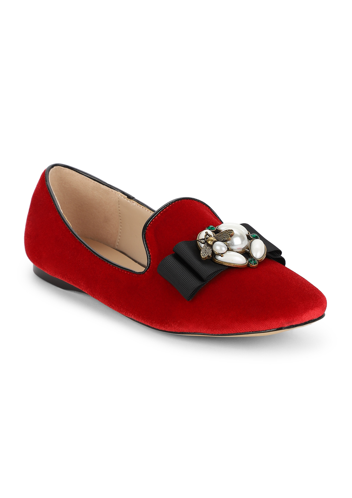LOVE PEARLS ON TOP RED FLAT SHOES