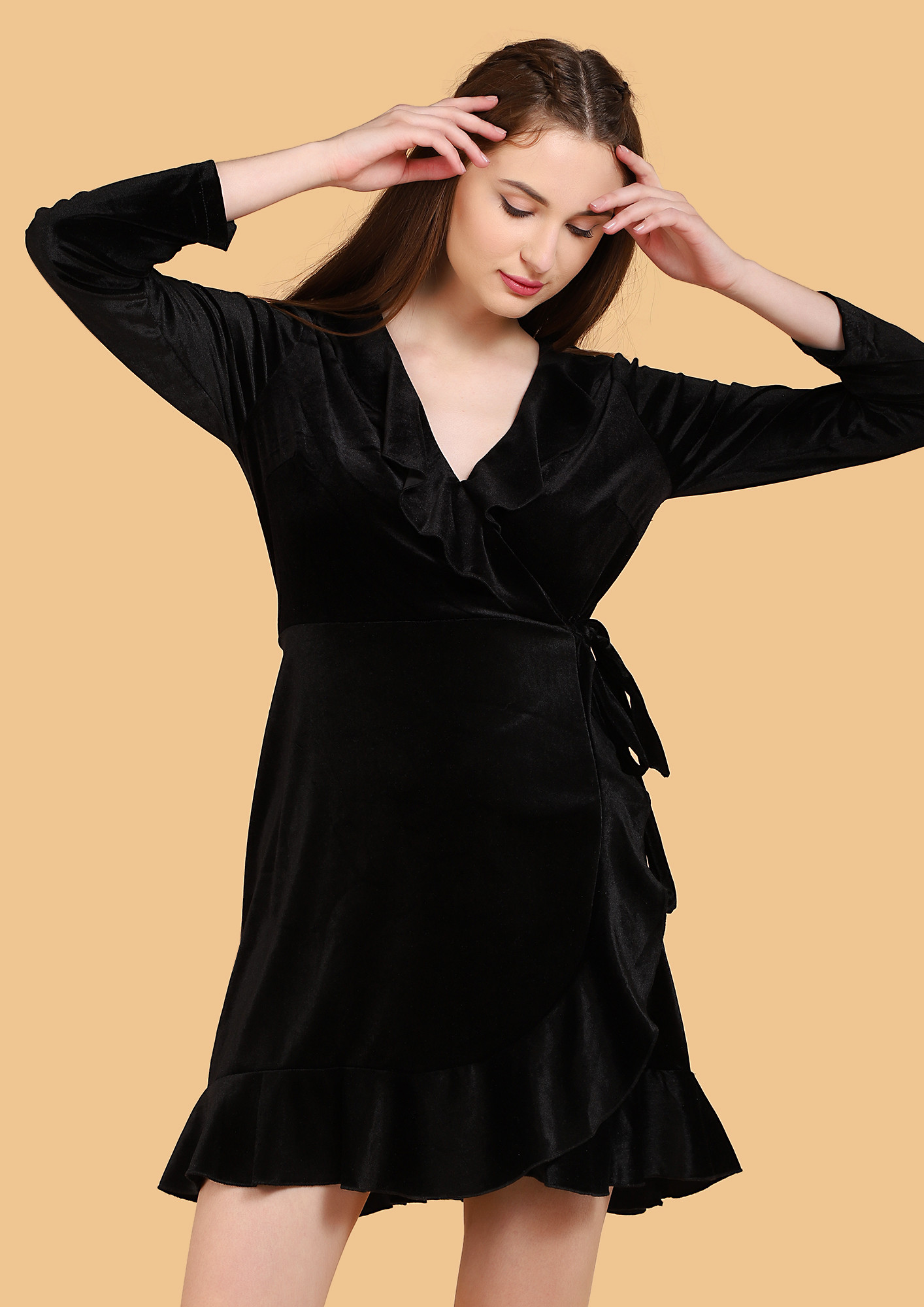 LUXE TOUCH BLACK WRAP OVER DRESS