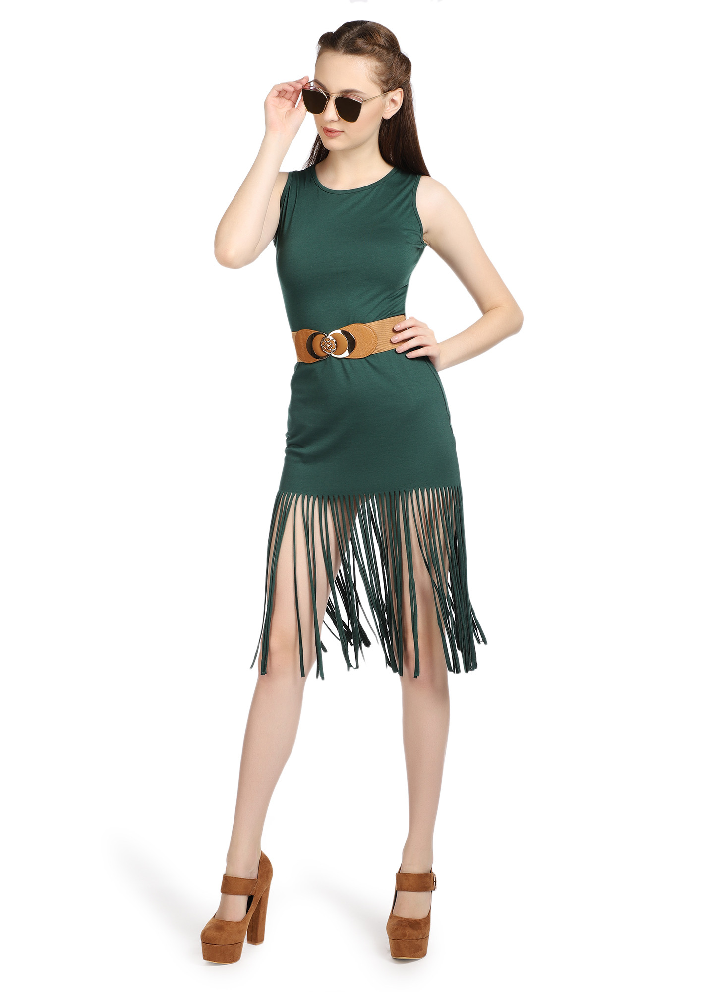 MY CRAZY FRINGES GREEN BODYCON DRESS
