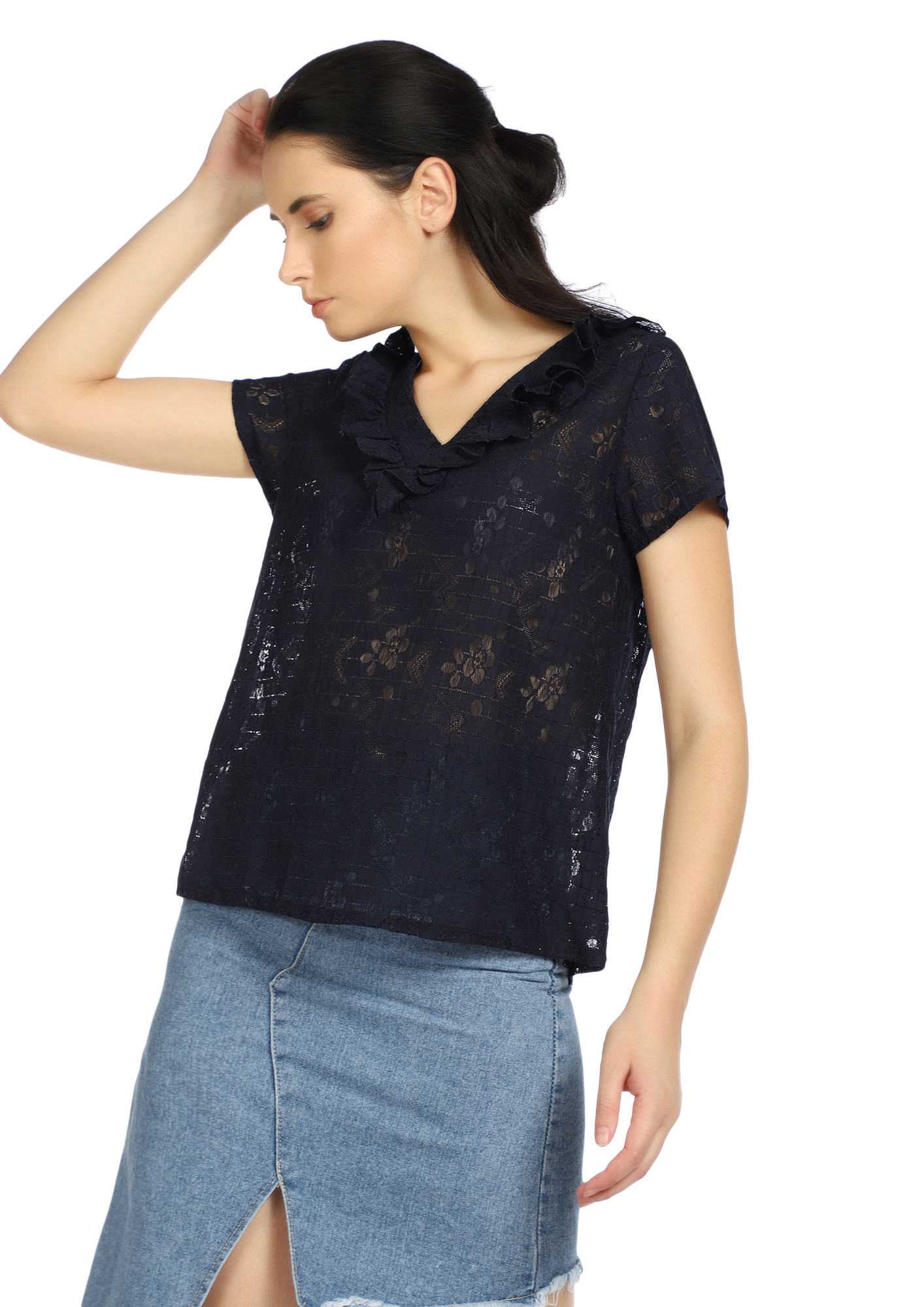 THERE IS NO STOPPING RUFFLE NAVY BLOUSE