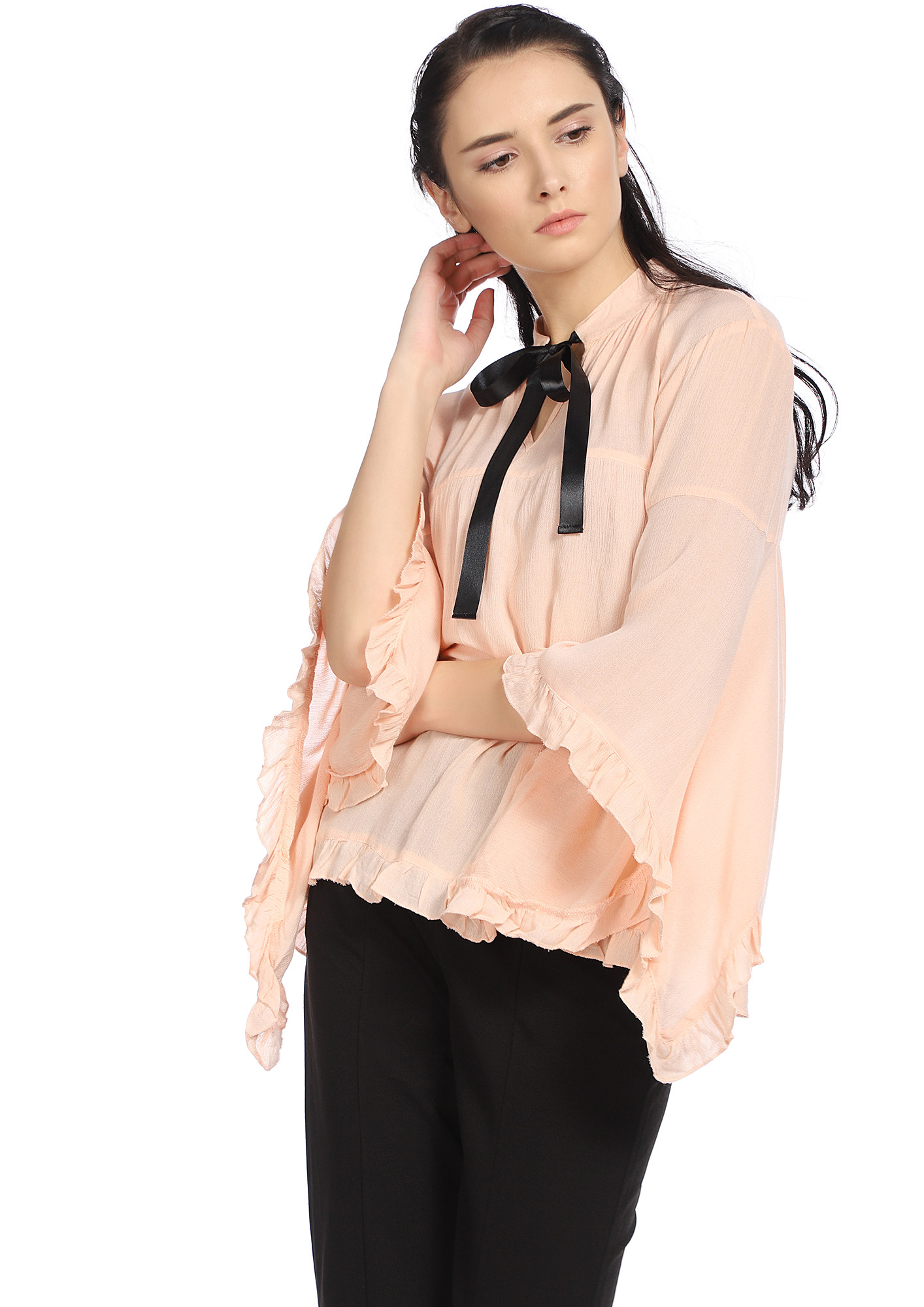 FALL FOR ME PEACH PUSSY BOW BLOUSE