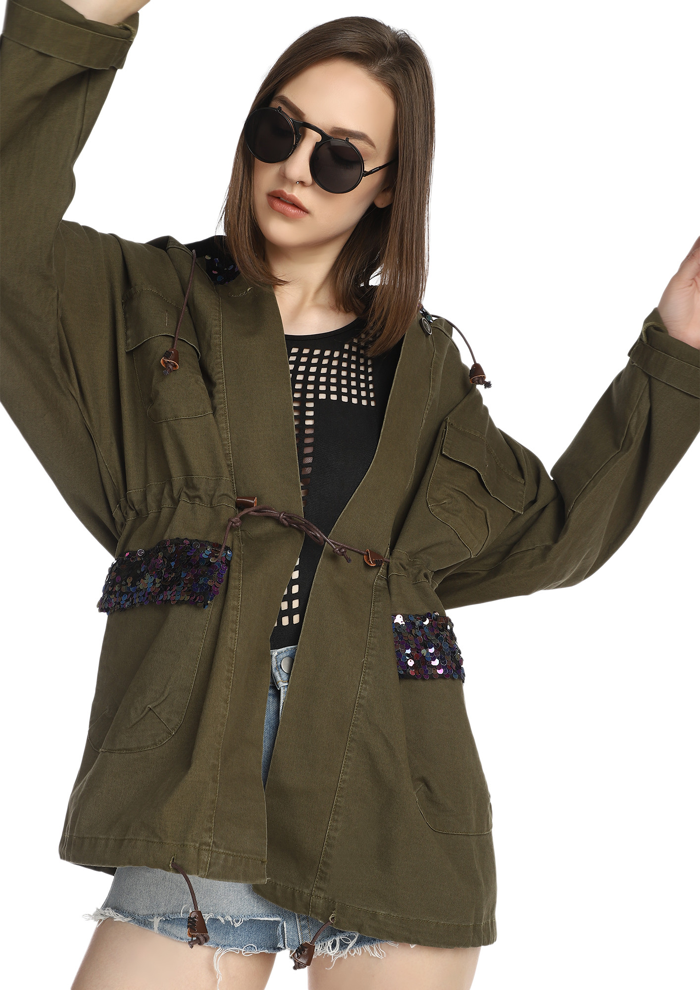 IT'S ALL ABOUT SEQUINS KHAKI GREEN WINDCHEATER