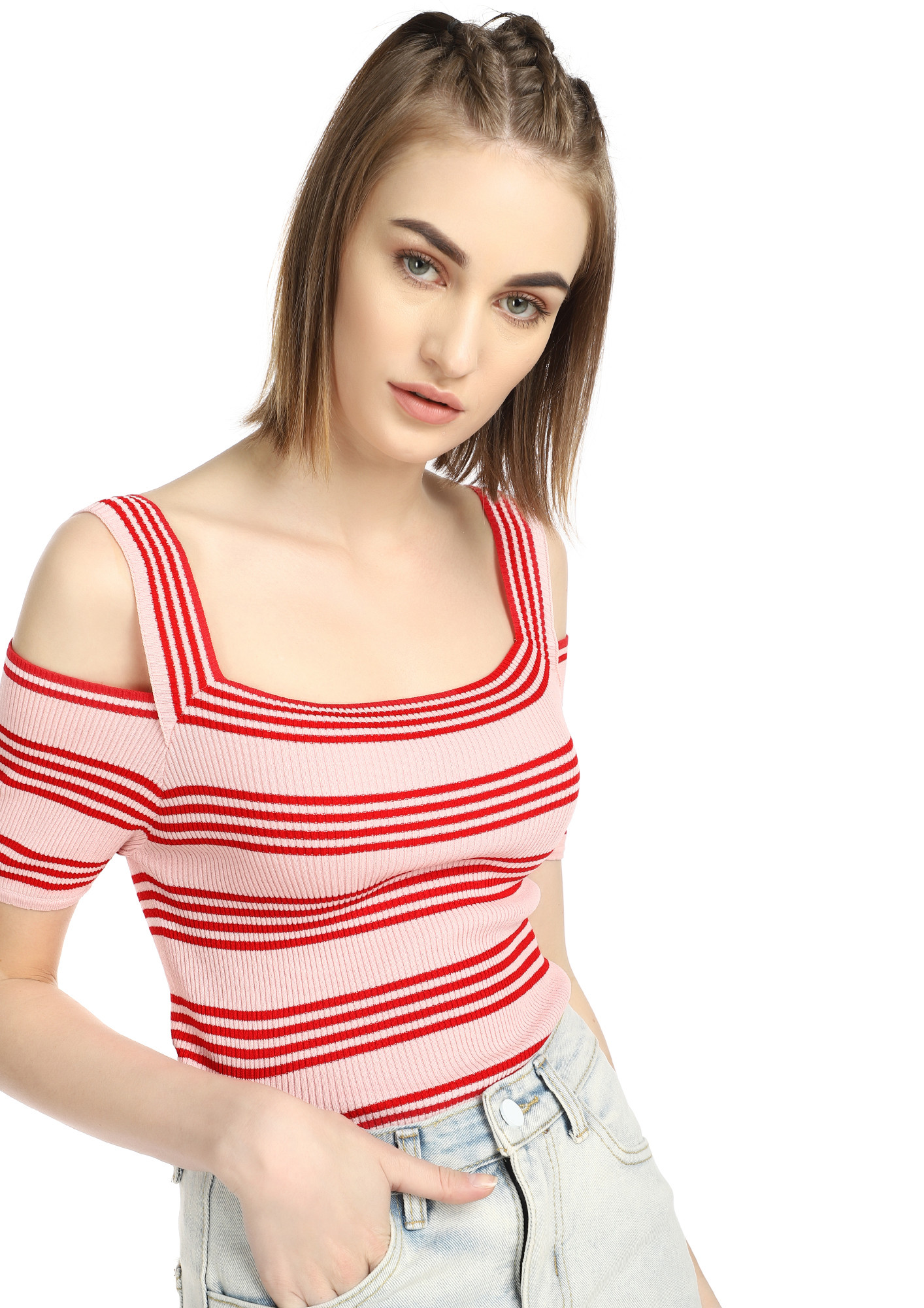 SWEET MARSHMALLOW RED COLD-SHOULDER TOP