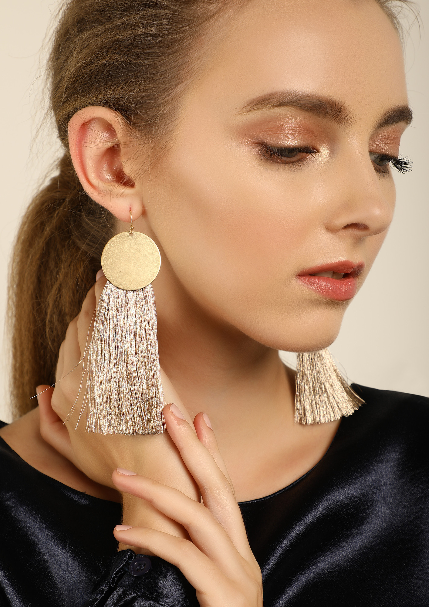 New Gypsy Ethnic Round Gold Color Hoop Earrings India Jewelry Women's Pearl  Beads Tassel Jhumka Earrings