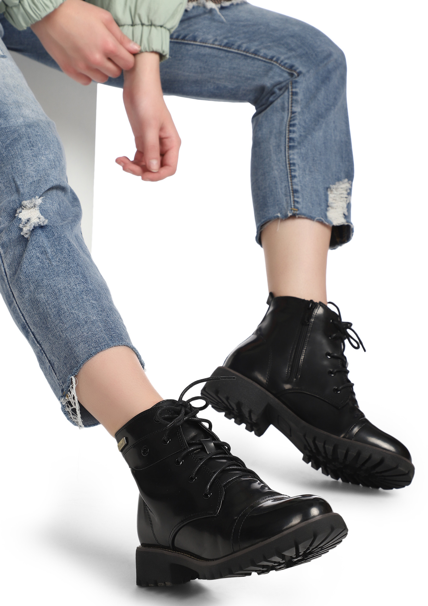 GAME ON GIRL BLACK PATENT LACE-UP BOOTS